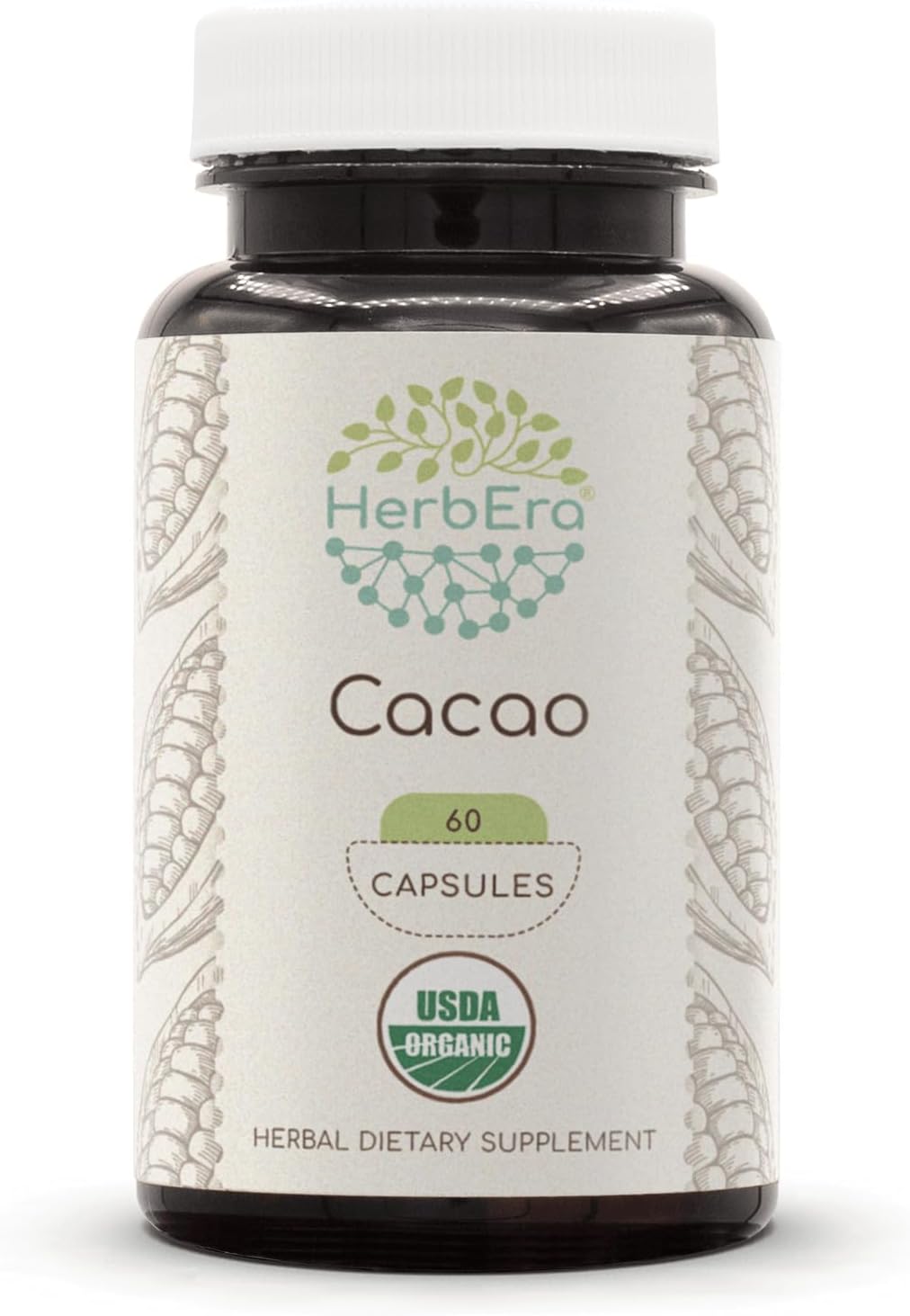 HerbEra Cacao USDA Organic 60 Capsules | Natural Herbal Supplement | Certified Organic Vegetarian Capsules and Organic Theobroma Cacao Dried Raw Beans (60 Capsules)