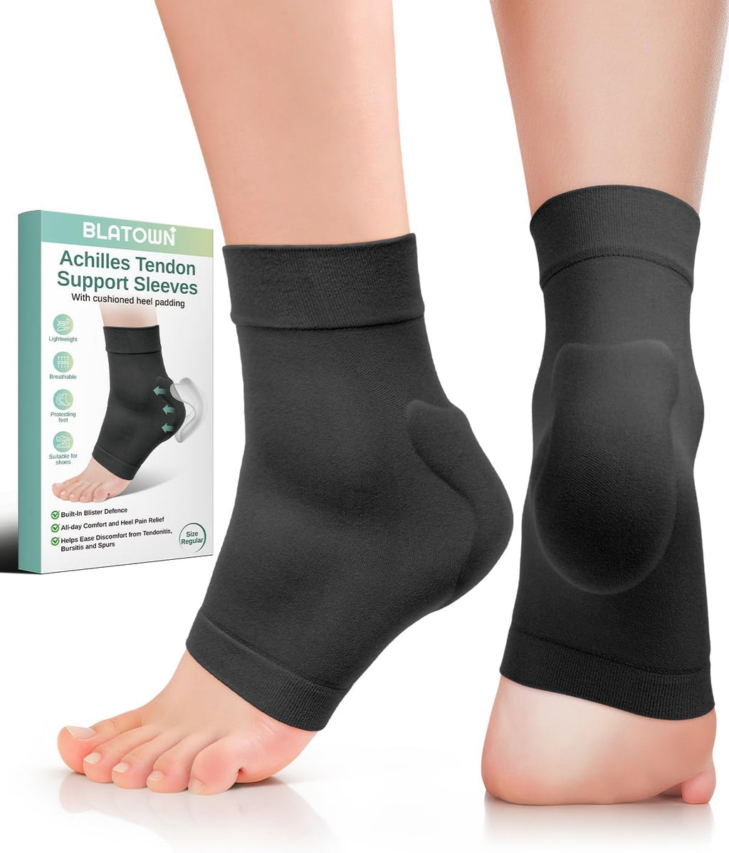 Achilles Tendon Support with Silicone Heel Protector Cushion Pad, Achilles Tendonitis Relief Sleeve Brace Compression Socks for Women Men Plantar Fasciitis, Bursitis, 1 Pair (Black, Regular)