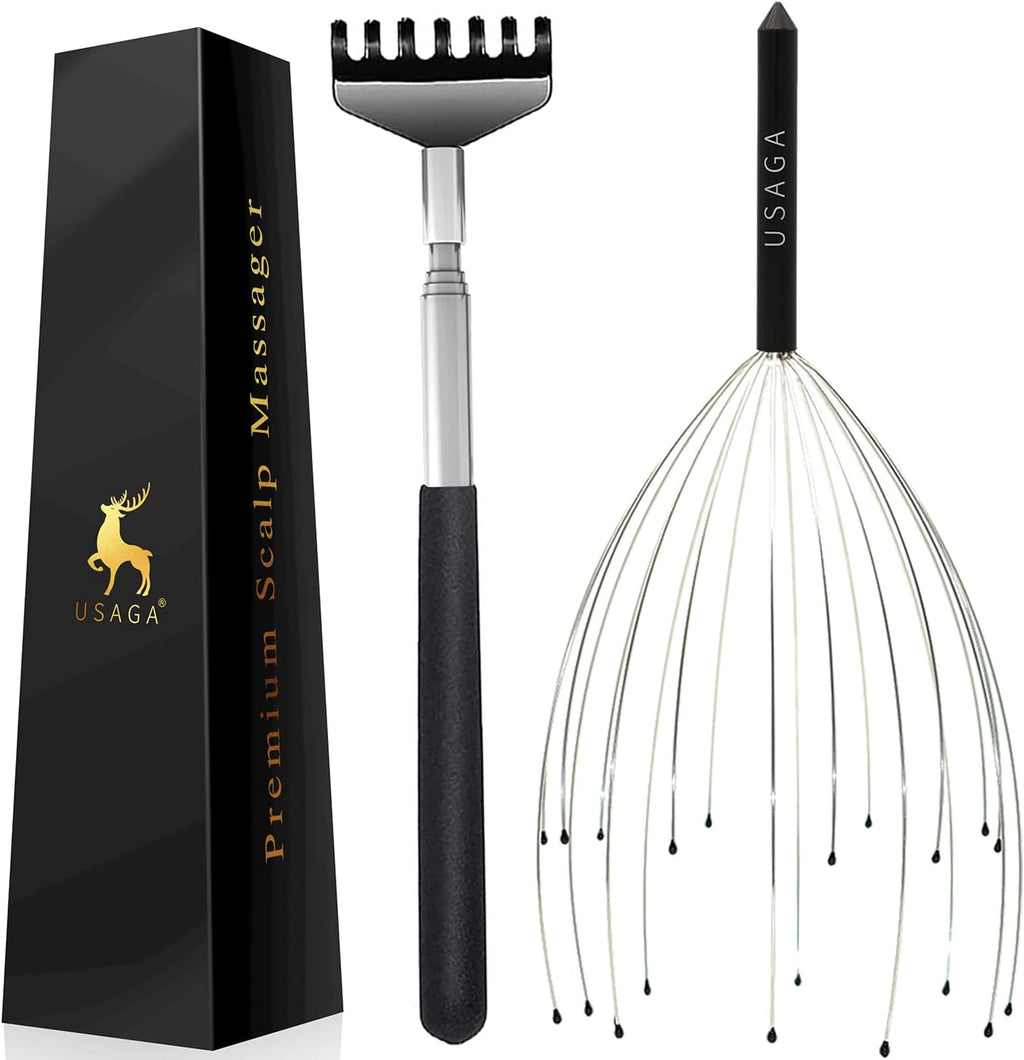 USAGA 20 Fingers Head Massager Scalp Massager Head Scratcher Extendable Back Scratcher, Stocking Stuffers Gift for Scalp Body Relaxing (Black)