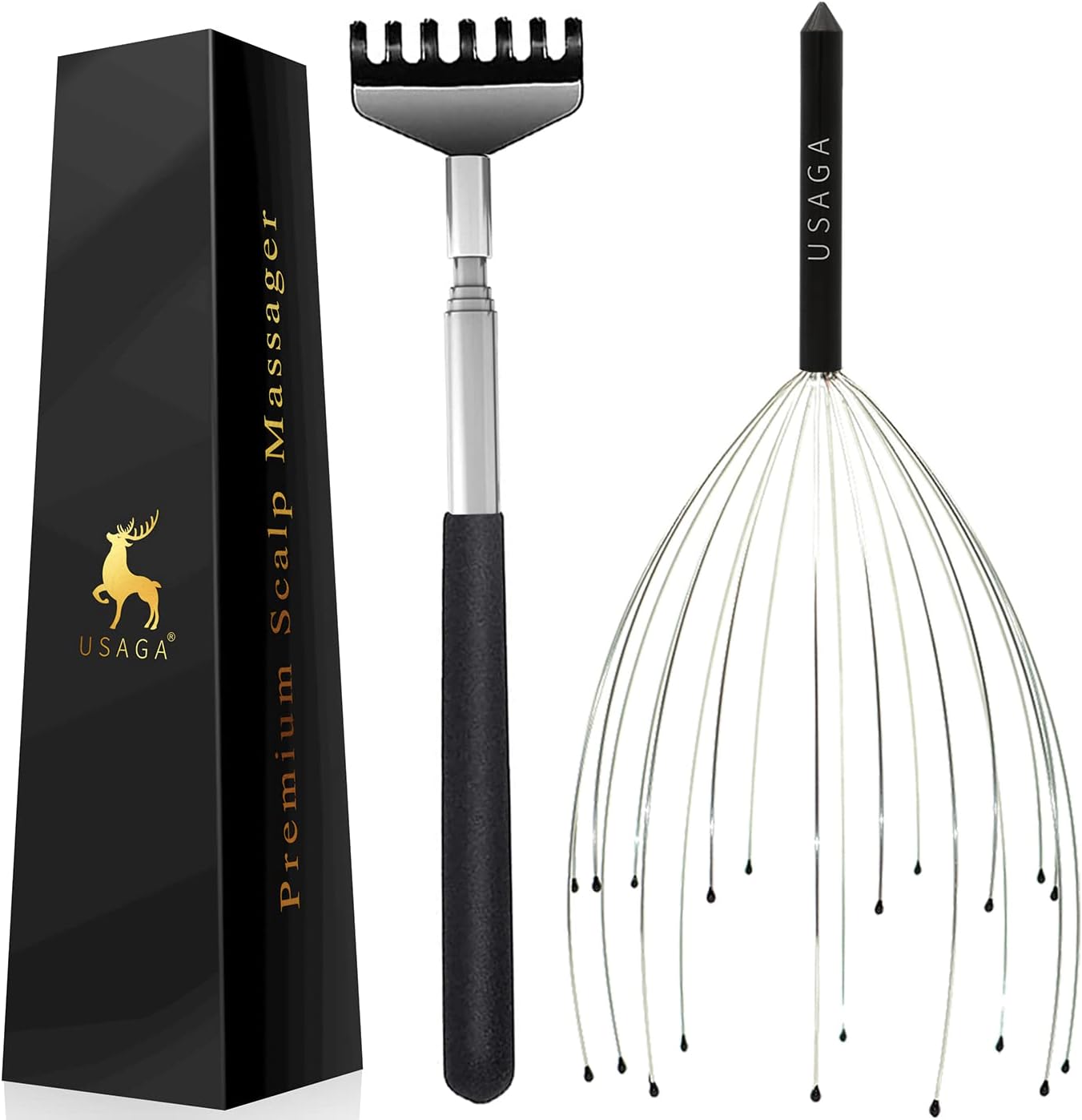 USAGA 20 Fingers Head Massager Scalp Massager Head Scratcher Extendable Back Scratcher, Stocking Stuffers Gift for Scalp Body Relaxing (Black)