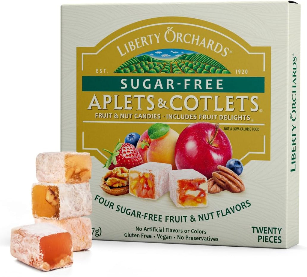Liberty Orchards, Sugar Free Aplets & Cotlets - Vegan Gourmet Snack, Sugar Free Turkish Delight Candy Gift Box 8 Oz.