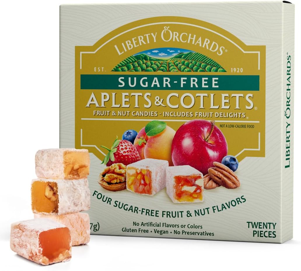 Liberty Orchards, Sugar Free Aplets & Cotlets - Vegan Gourmet Snack, Sugar Free Turkish Delight Candy Gift Box 8 Oz.