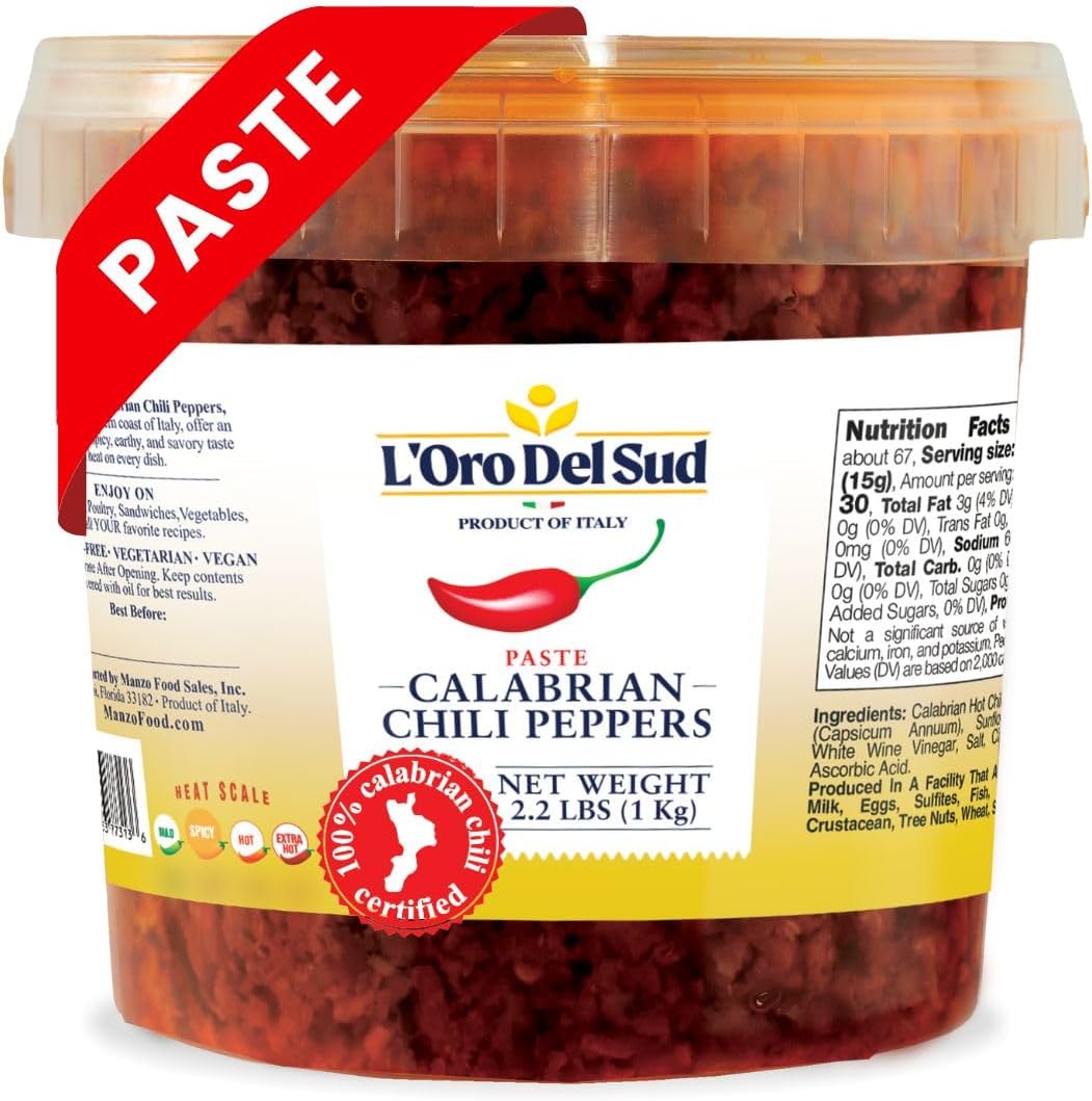 Calabrian Chili Pepper Paste, 2.2 lb (1 kg), No Seeds, Certified Authentic, Peppers are Grown in Calabria, Calabrian Chili Pate, Peperoncini Calabrese, Product of Italy, L'Oro Del Sud