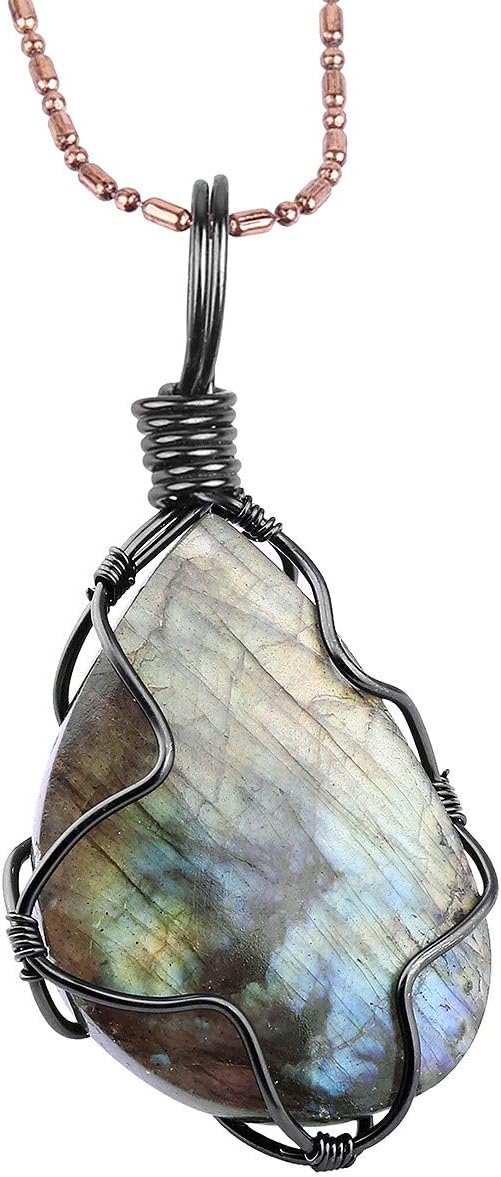 Nupuyai Natural Labradorite Necklace for Unisex, Handmade Wire Wrapped Irregular Healing Stone Pendant with Chain 19"