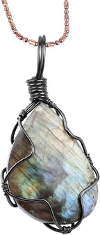 Nupuyai Natural Labradorite Necklace for Unisex, Handmade Wire Wrapped Irregular Healing Stone Pendant with Chain 19"