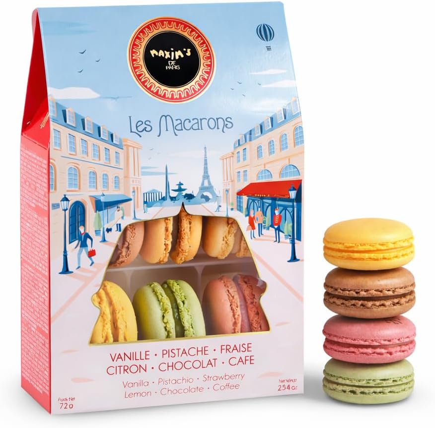 Maxim’s de Paris French Macaron Gift Box – Gourmet Macaron Cookies Assortment, 6 Classic Flavors (Vanilla, Pistachio, Lemon, Chocolate, Coffee, Strawberry), Luxury French Dessert Gift from Paris