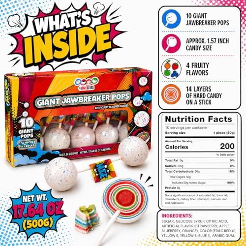 10 Large Jawbreakers On a Stick, Giant Candy Lollipops - Fruit Flavored, Retro Hard Candy Perfect for Parties, Gifts and Goody Bags, By 4YoreElves