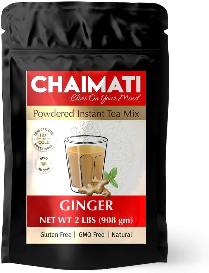 ChaiMati - Ginger Chai Latte - Powdered Instant Tea Premix, 2 Pound Jar - Makes 100 Cups - Hot or Iced, Very Low Caffeine, Ready in seconds, Great for Gifting & Parties - gets "Chai on your Mind"