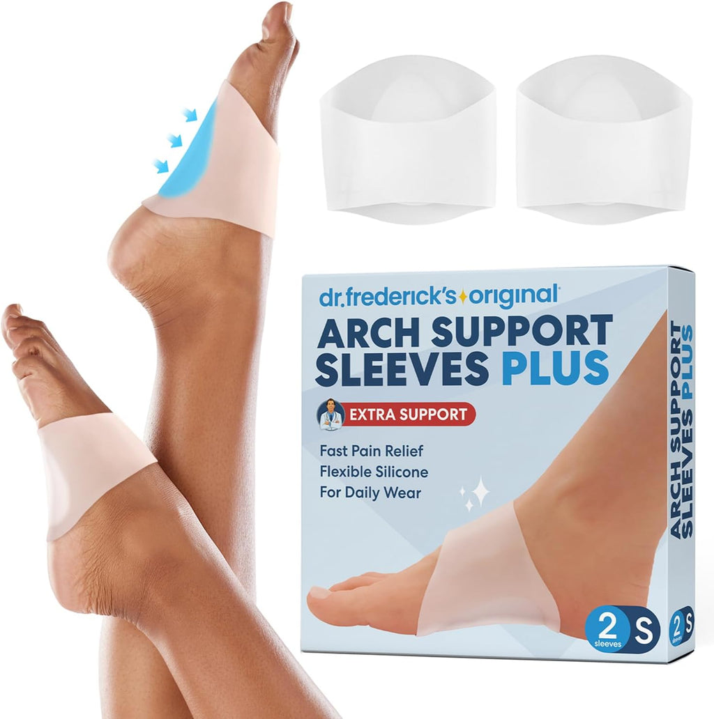 Dr. Frederick’s Original Arch Support Sleeves Plus - 2 ct - Doctor-Developed Plantar Fasciitis & Flat Feet Relief - Foot Braces for Fallen Arches, Heel Pain & Achy Feet - Soft Gel Cushion - S/M