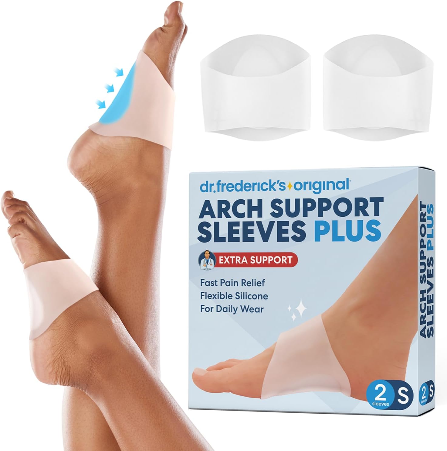 Dr. Frederick’s Original Arch Support Sleeves Plus - 2 ct - Doctor-Developed Plantar Fasciitis & Flat Feet Relief - Foot Braces for Fallen Arches, Heel Pain & Achy Feet - Soft Gel Cushion - S/M