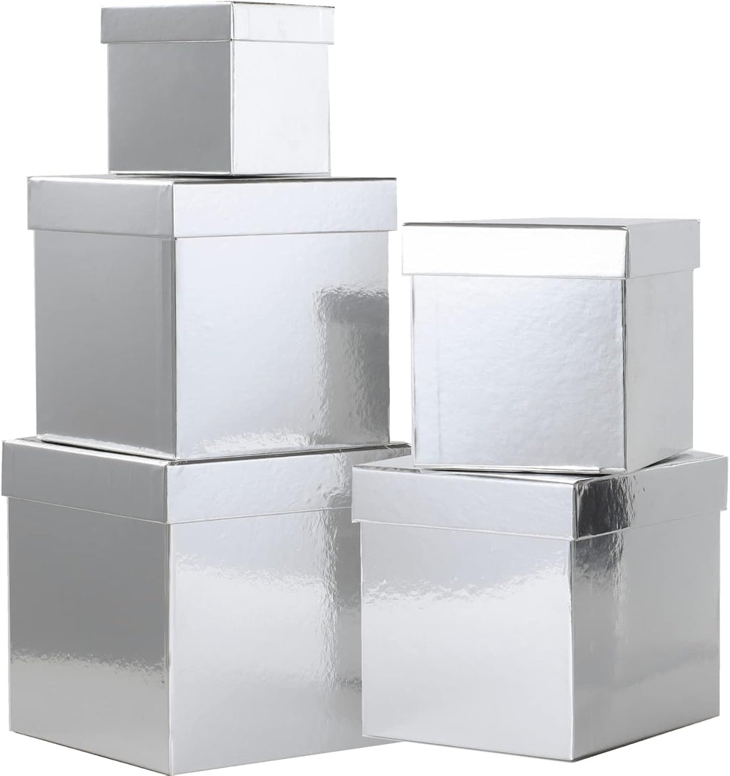 UNIQOOO 5Pcs Metallic Silver Christmas Gift Box Set with Lid, Assorted Size, Silver Square Nested Wedding Keepsake Card Gift Box, Paper Box Tower Organizer For Party, Thanksgiving, Gift Wrap Packaging