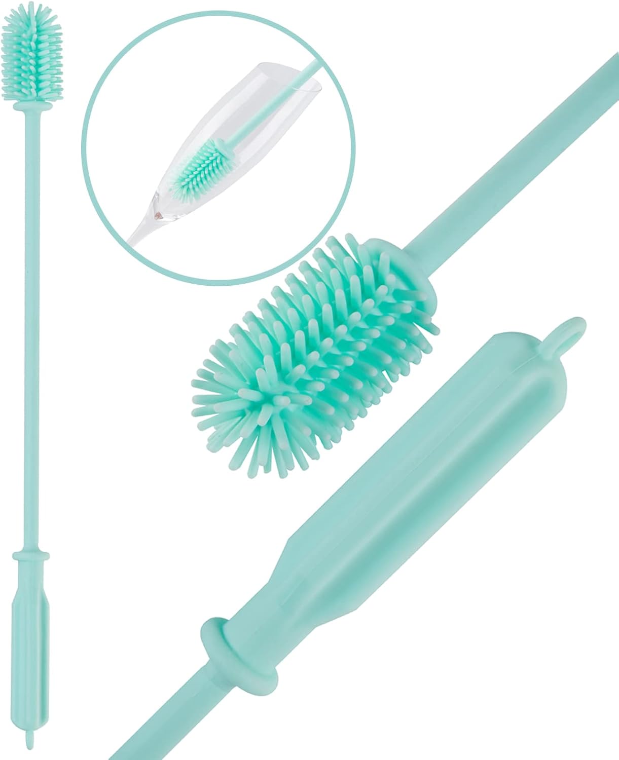Long Silicone Bottle Brush, Reusable Baby Water Bottle Brushes for Cleaning Narrow Neck Containers with Soft Bristles, 15" Silicone Straw Brushes (Green)