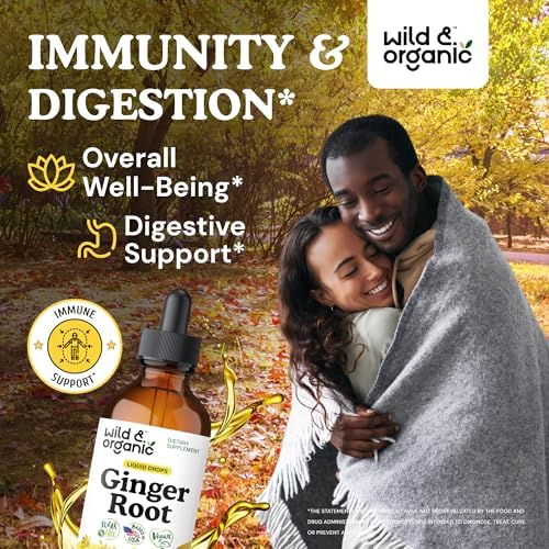 Wild & Organic Ginger Root Extract Drops - Immune & Digestive Support - Liquid Ginger Supplements - Easy to Add to Tea - Vegan, Sugar & Alcohol-Free Tincture - 4 fl oz