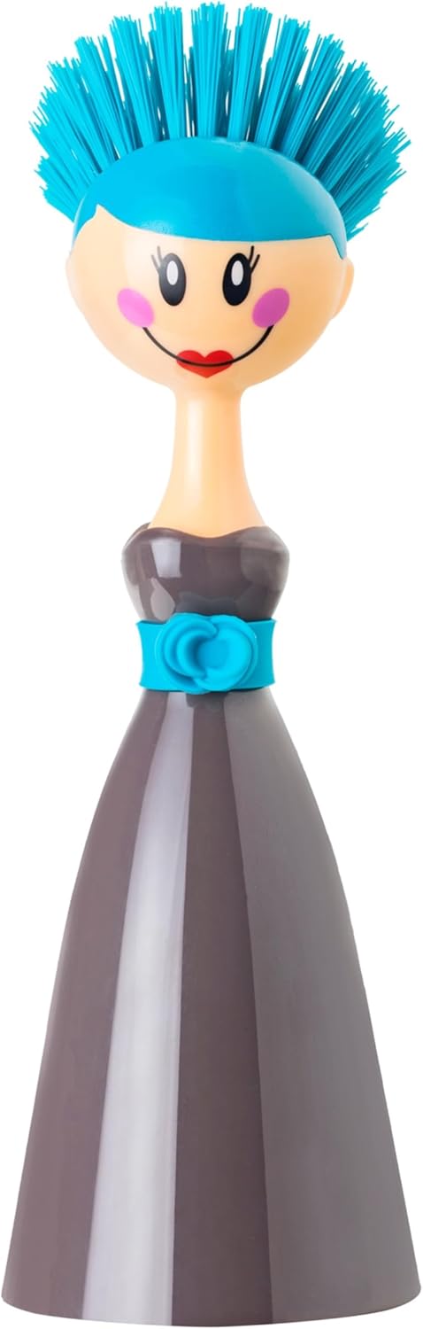 Vigar Dolls Dish Brush with Ergonomic Handle and Dress-Shaped Brush Holder, Dish Brush with Handle for Kitchen Dishes and Sink Cleaning, Gray, Blue