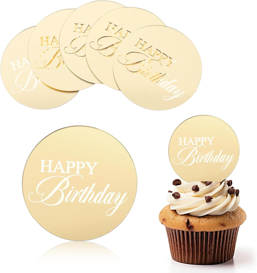 20PCS Gold happy Birthday Cupcake Toppers, Circle Mirror Birthday Cupcake topper, Gold Acrylic Birthdays Cup Cake Toppers Decoration for Party