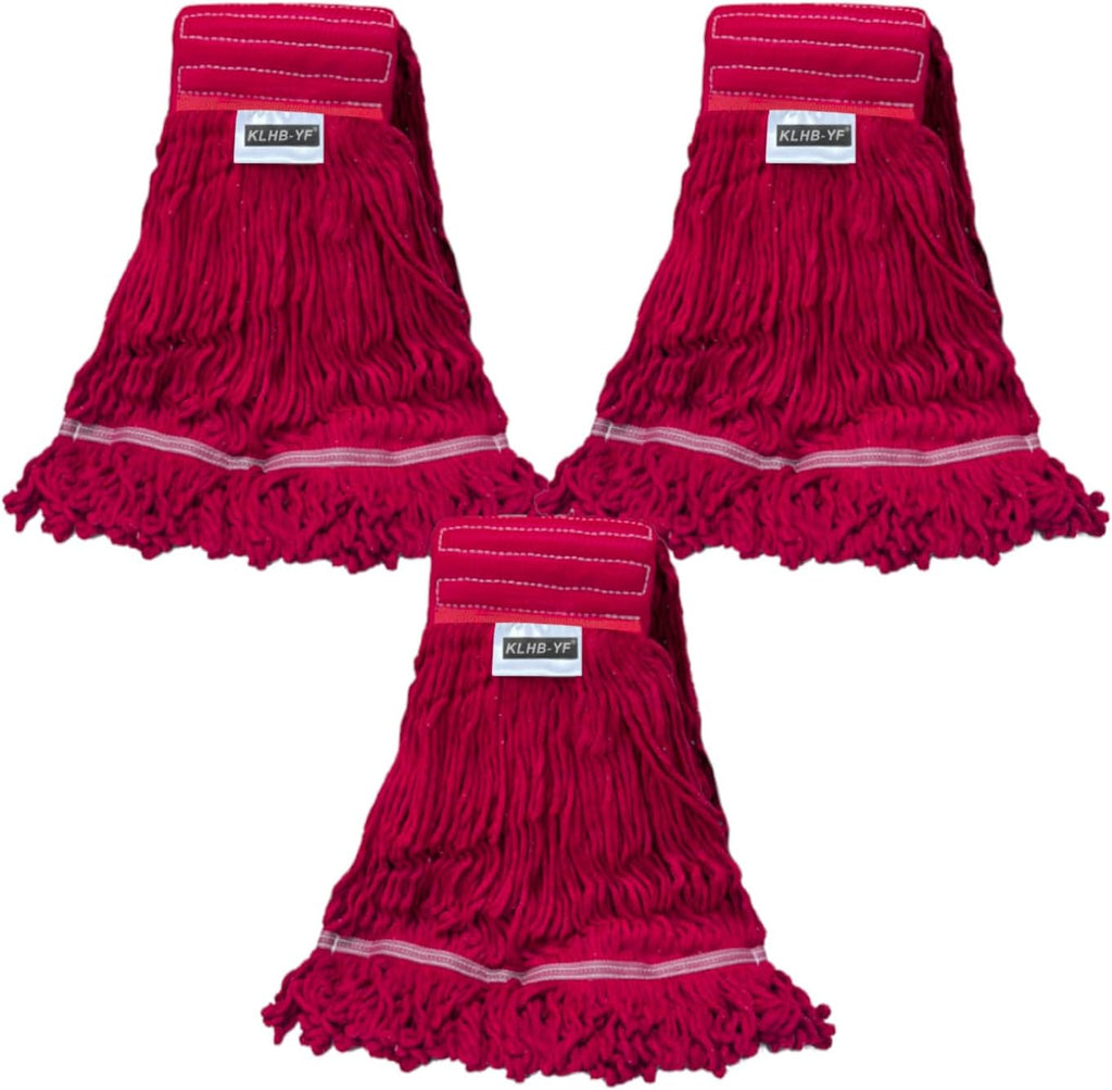 Heavy Duty Commercial String Mop Heads, 3 Pack Cotton Red Mop Head Replacement, Machine Washable Industrial Mop Head Refills for Janitorial, Restaurant, Warehouse & Office Floor Cleaning