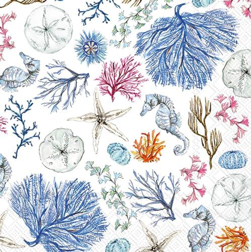 IHR Ideal Home Range Party Napkins Rosanne Beck Disposable 3-Ply Paper Lunch Napkin Pack, 6.5" x 6.5", Blue Coastal, 20-Count