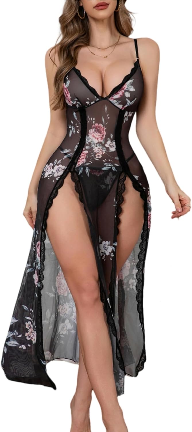 PITINAN Women Lingerie Lace Babydoll Chemise Sexy Mesh Nightdress V Neck Nightwear Side Split Nightgown S-XXL