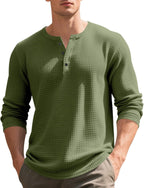 Waffle Knit Henley Shirts for Men Casual Crewneck Half Buron Down Tee Shirts Spring Fall Long Sleeve Pullover T-Shirt