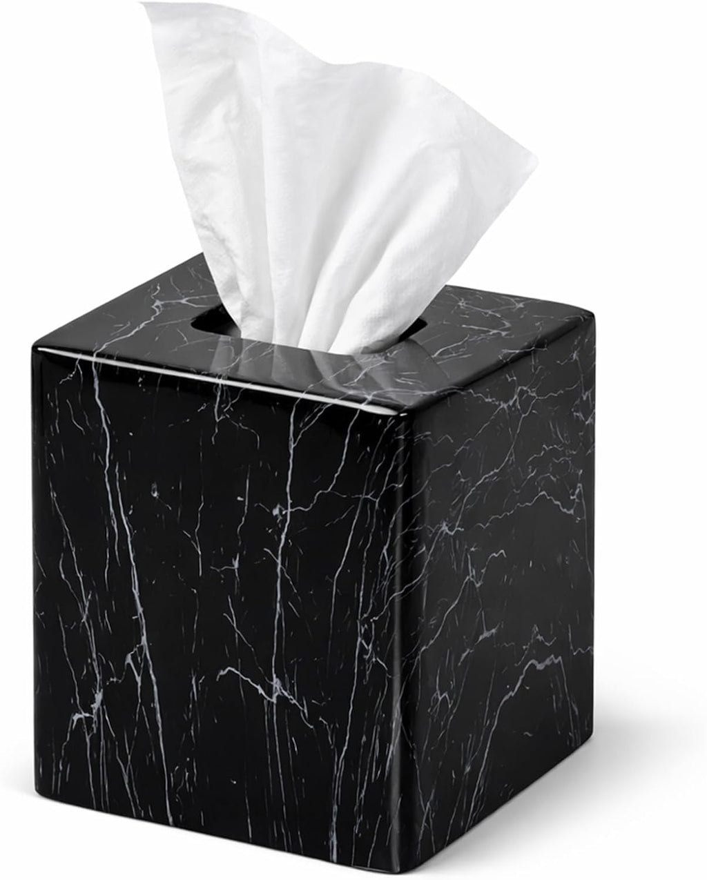 JUNGFORD Square Tissue Box Cover, Resin Facial Napkin Holder with Realistic Black Marble Pattern, Water Transfer Printed for Bathroom, Living Room, Office Decor