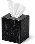 JUNGFORD Square Tissue Box Cover, Resin Facial Napkin Holder with Realistic Black Marble Pattern, Water Transfer Printed for Bathroom, Living Room, Office Decor