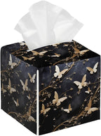 Gold Butterfly Black Marble Print Tissue Box Cover Square Leather Waterproof Tissue Box Holder for Home Office