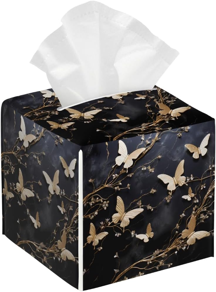 Gold Butterfly Black Marble Print Tissue Box Cover Square Leather Waterproof Tissue Box Holder for Home Office