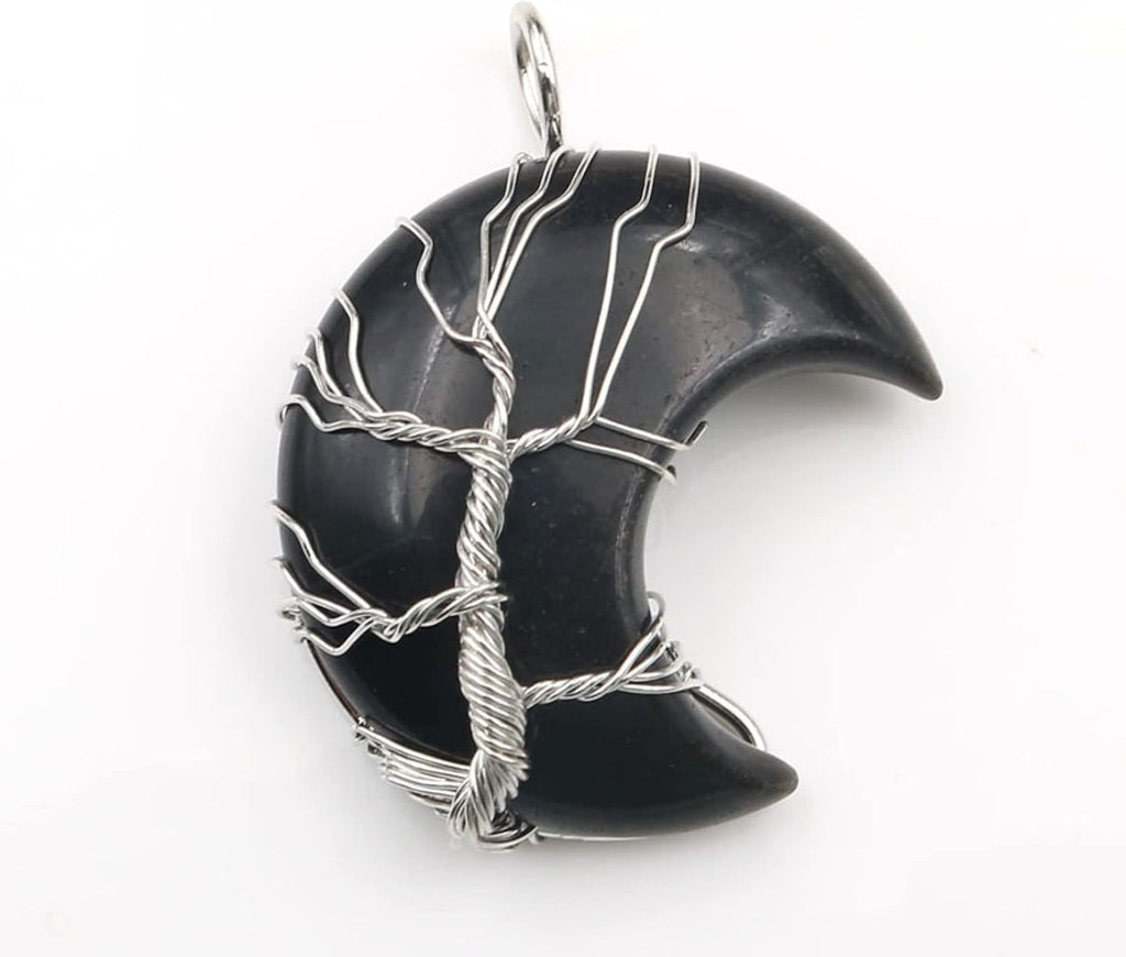Plated Wire Wrap Tree of Life Crescent Moon Opalie Opal Pendant Green Aventurine,Black Agates