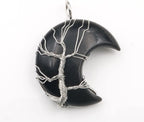 Plated Wire Wrap Tree of Life Crescent Moon Opalie Opal Pendant Green Aventurine,Black Agates