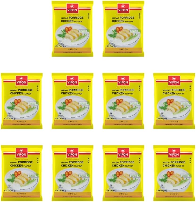 VIFON Chicken Flavor Instant Porridge - 10 Packs Vietnamese Chao Ga Congee Rice Porridge - Vegan, Gluten Free & Halal Instant Breakfast - Quick and Easy to Make Rice Soup Meal