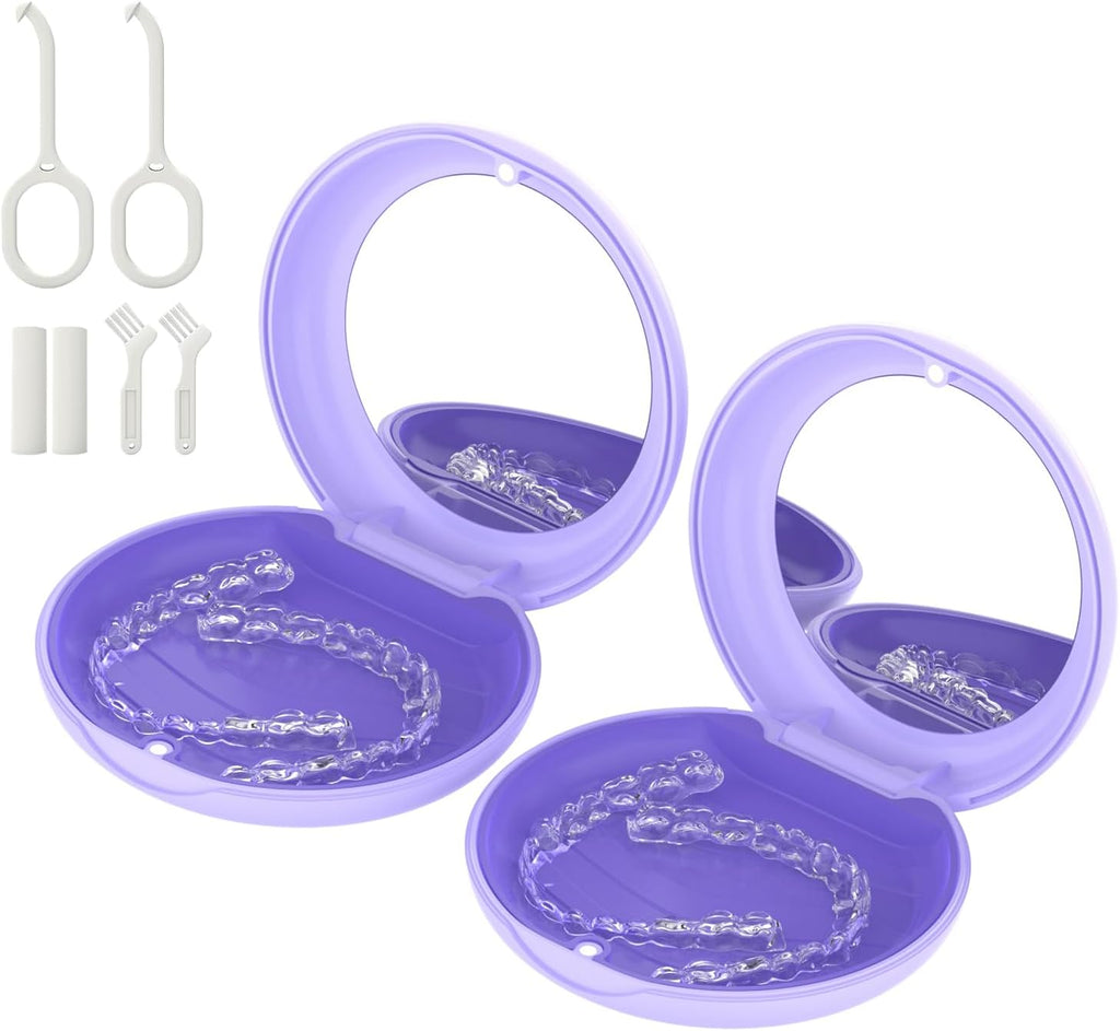 2 Pack Retainer Case with Mirror, Compatible with Invisalign, Orthodontic Aligner Case with Removal Tool and Brush, Purple