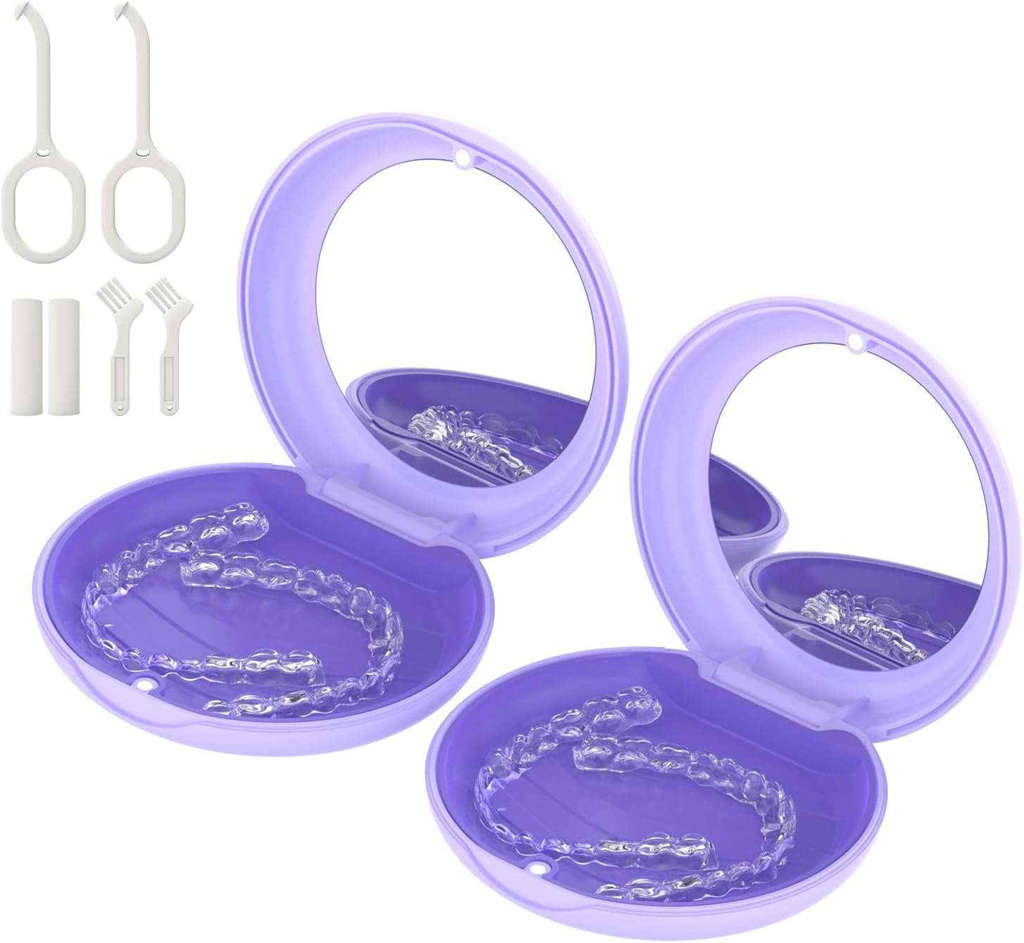 2 Pack Retainer Case with Mirror, Compatible with Invisalign, Orthodontic Aligner Case with Removal Tool and Brush, Purple