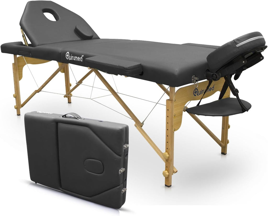 QUIRUMED Elite Folding Wooden Massage Table, Black, 194 x 70 cm, Leatherette, Folding Backrest, Adjustable Height, Removable Head, Face Hole, 2 Bodies, Up to 150 kg