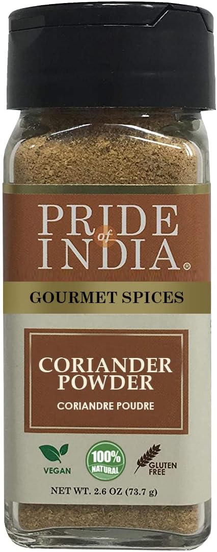 Pride of India – Coriander Seed Ground – Authentic Indian Spice – Freshly Packed Gourmet Spice – Must Ingredient in Indian & Middle Eastern Cuisines – Easy to Use – 2.6 oz. Small Dual Sifter Jar