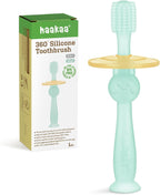 haakaa 360° Baby Toothbrush with Suction Base - Gentle Cleaning for Toddler's Self-Brushing Training, Food-Grade Silicone, Adjustable Safety Shield - Blue (1 Piece)