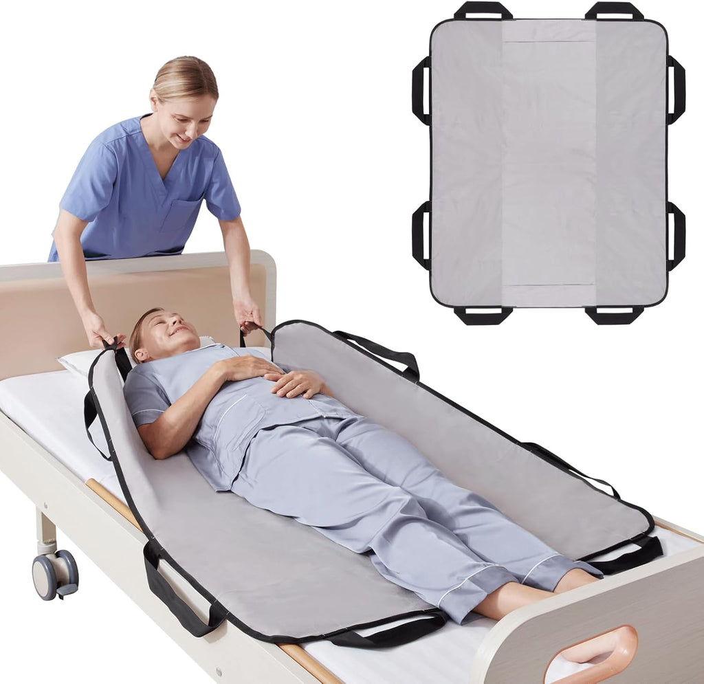 NIHAO Bed Positioning Pad 43" x 36" with 8 Reinforced Handles & Pockets, Comfortable Flannel Transfer Sheet for Turning, Lifting & Repositioning Multipurpose Repositioning Pad, Navy Blue
