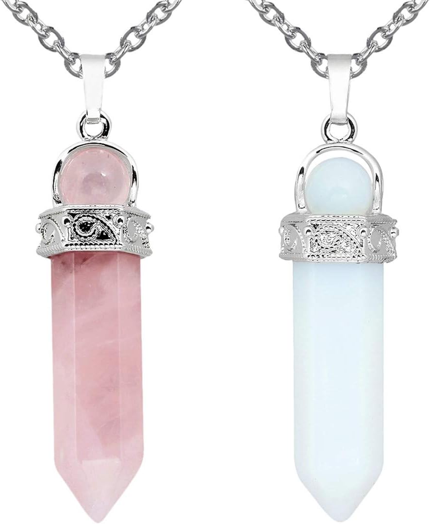 TUMBEELLUWA 2 PCS Healing Crystal Point Pendant Necklaces for Unisex Hexagonal Prism Stone Pendants with Chain