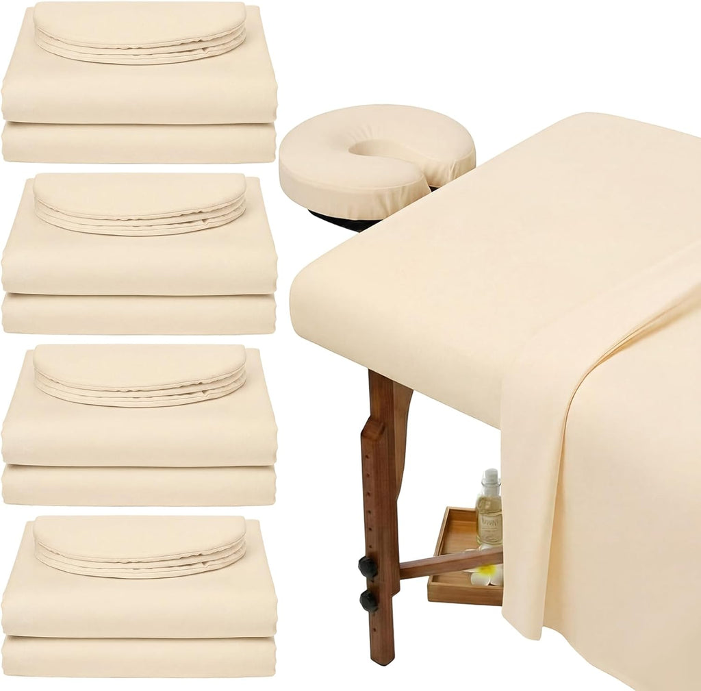 Oudain 4 Sets 3 Piece Soft Microfiber Massage Table Sheets Set Bulk Includes Massage Flat Sheet and Fitted Sheet and Face Rest Cover(Beige)