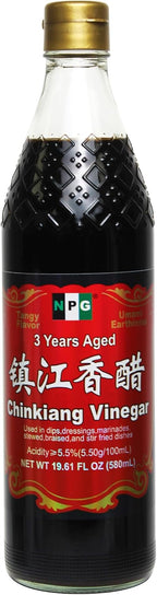 NPG Chinkiang Vinegar 19.61 Fl Oz (580ml), 3 Years Aged Zhenjiang Black Rice Vinegar, Naturally Brewed Chinese Black Vinegar For Dumplings, Xiao Long Bao, Sushi, Salad, Marinade, Stir Fry