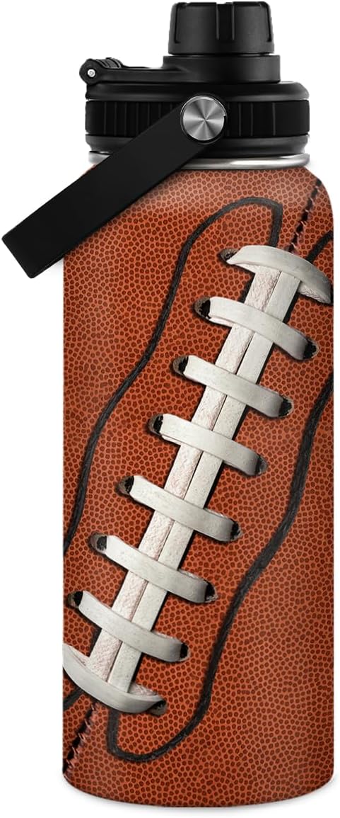 Football Water Bottle - 32oz Insulated Stainless Steel Sports Bottles - Gifts for Men Football Lovers Fan Players