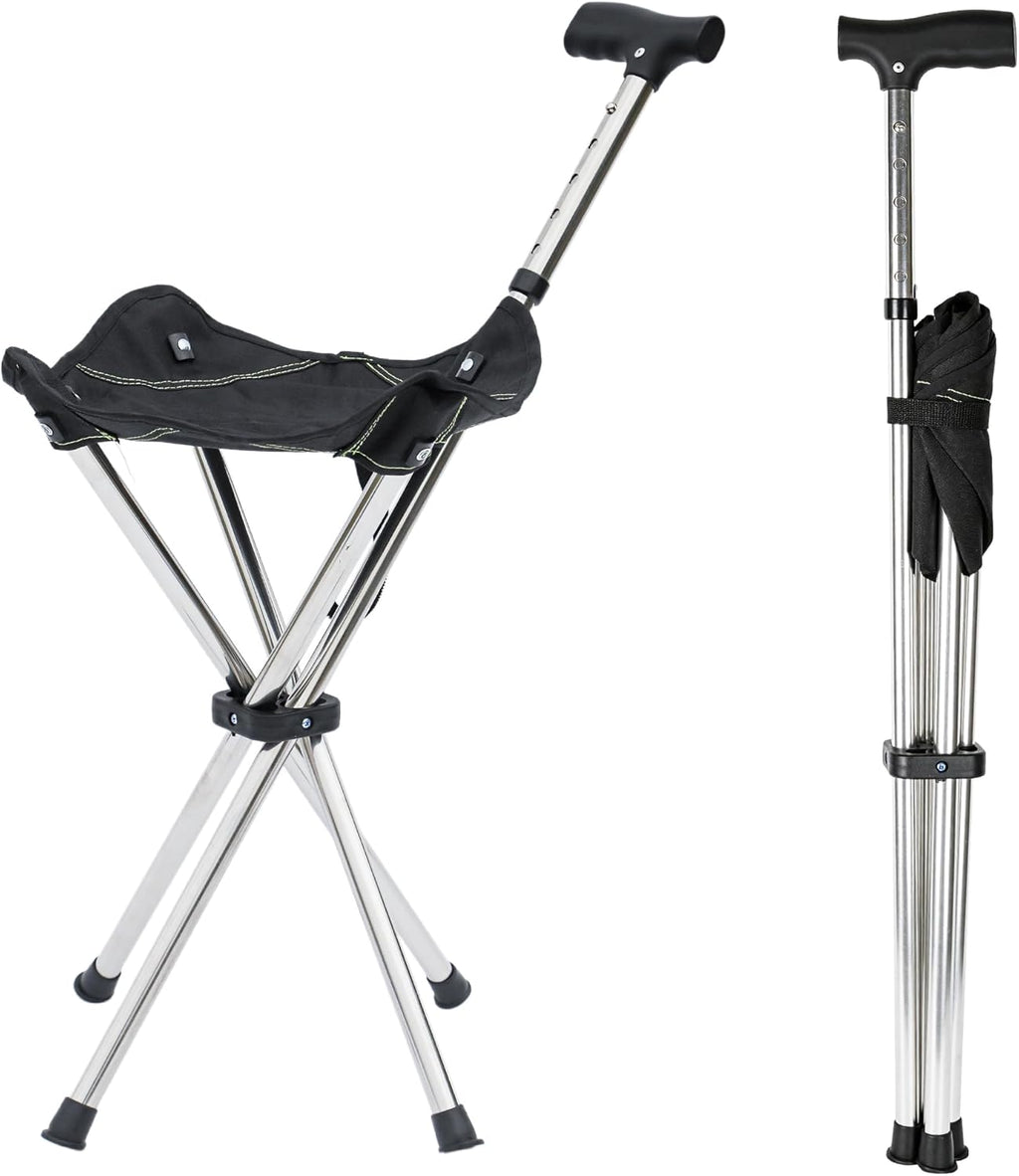 FATTCHIAR Cane with Seat with Light, Cane Chair Adjustable Height Folding Lightweight Walking Stick with Seats, Portable Stool for Adults Seniors