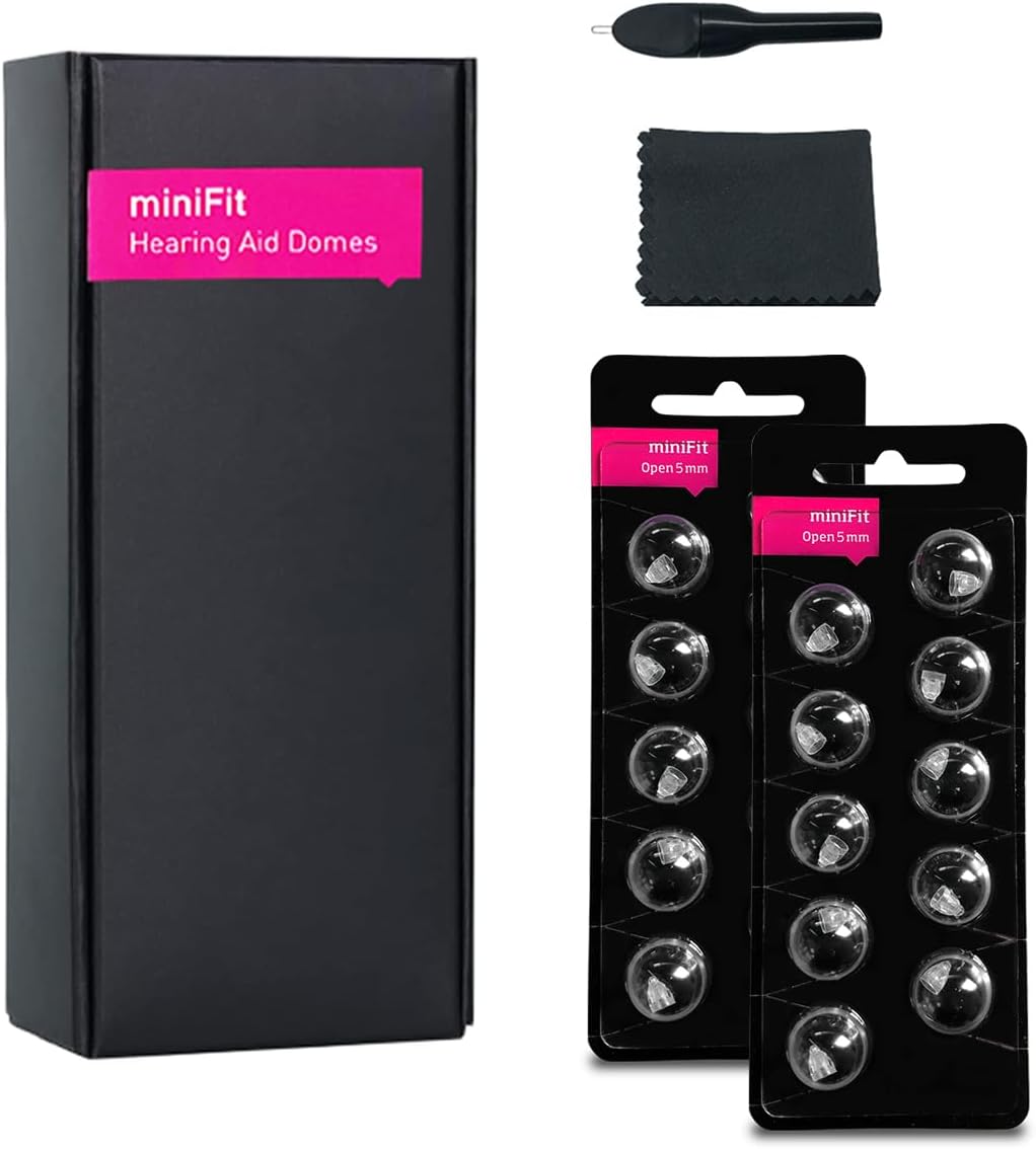 MiniFit Open Domes 5mm,6mm,8mm,10mm Ear Tips for Oticon Hearing Aids with Hearing Aid Supplies Cleaning Kits (5MM)