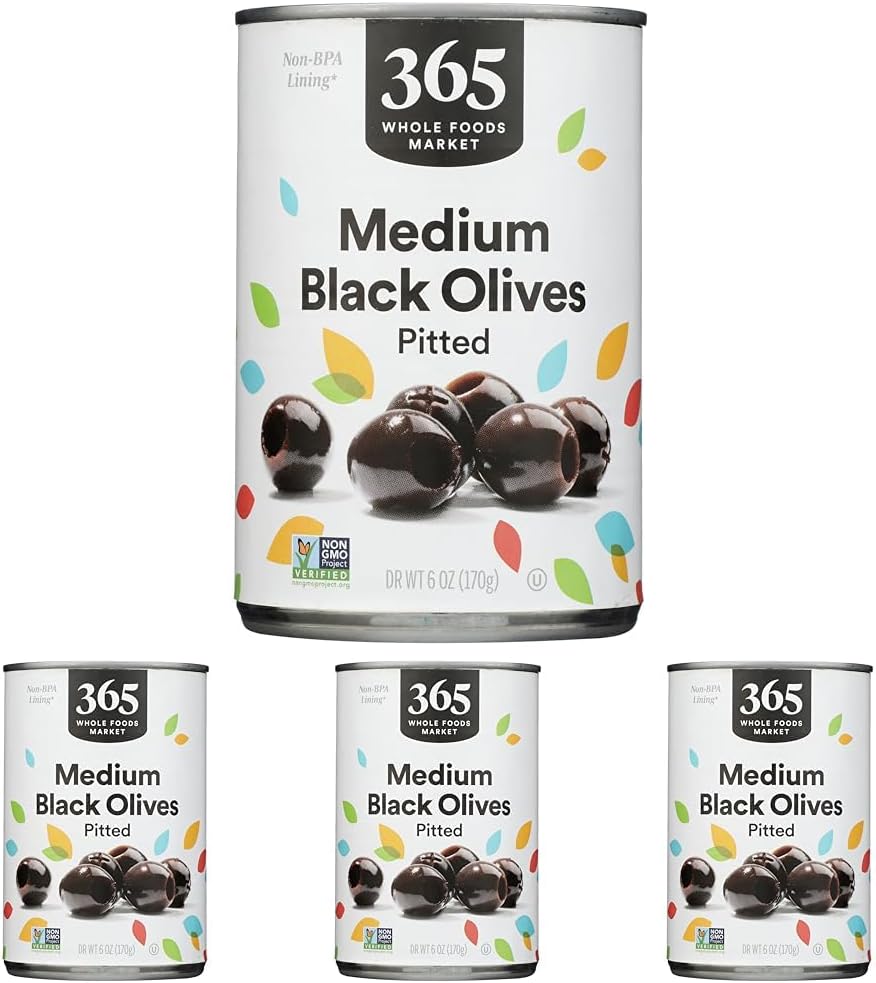 365 by Whole Foods Market, Ripe Medium Pitted Olives, 6 Ounce (Pack of 4)