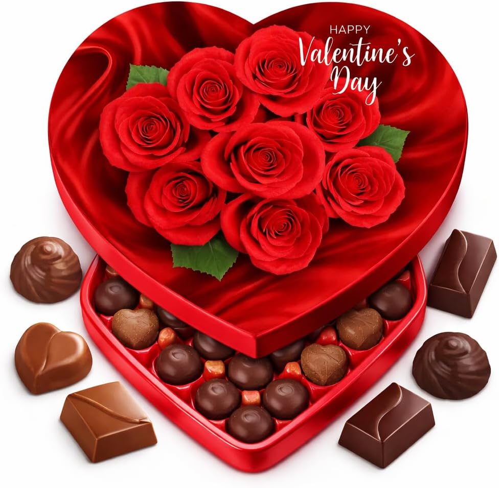 Valentine Day Chocolate Heart Shaped Gift Box - Milk Chocolate Caramel Cocoa Truffle Orange Creme Strawberry Flavors 10 Chocolate Piece - Roses Design May Vary - Her Him