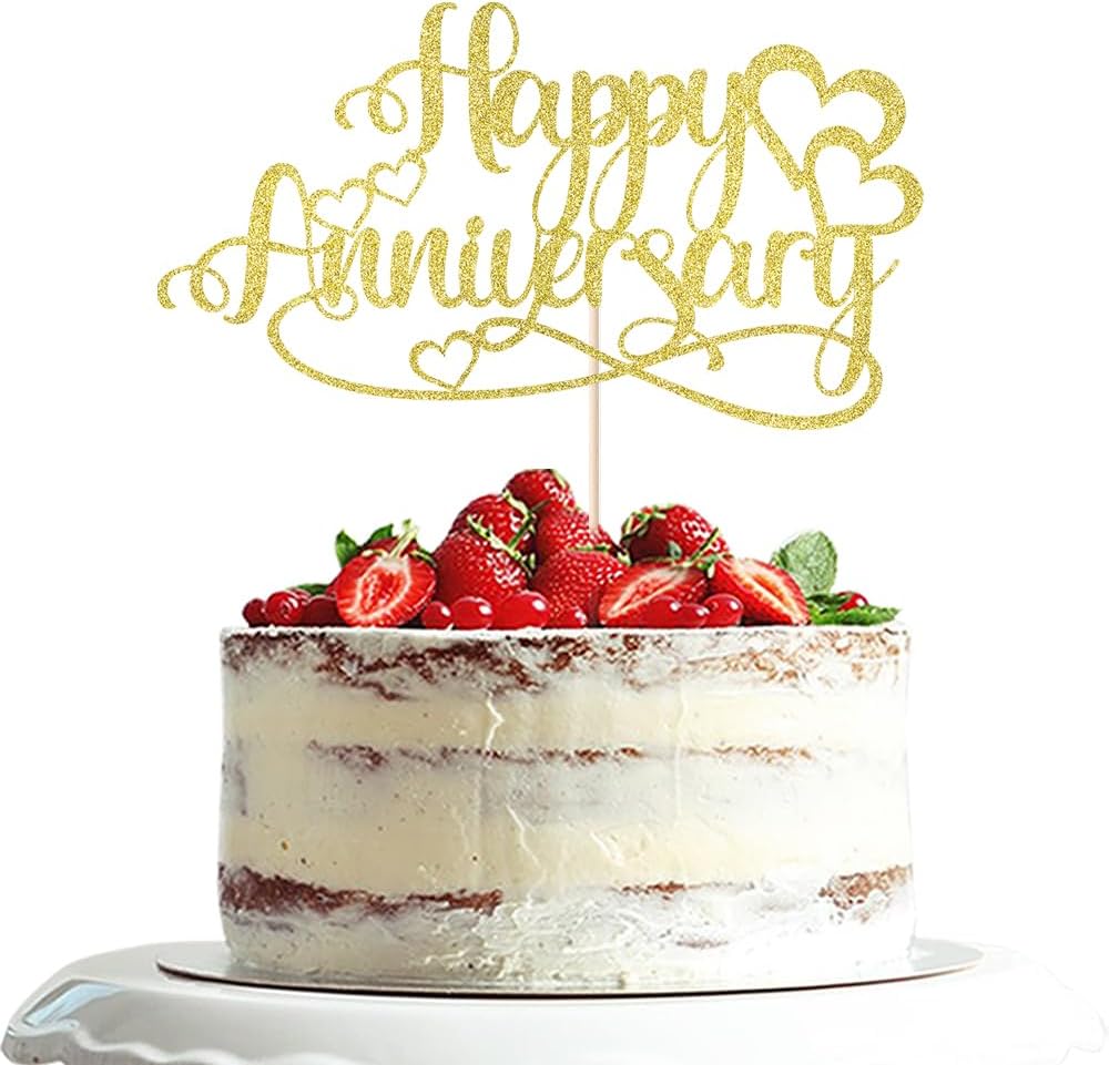 Gold Glitter Happy Anniversary Cake Topper, Wedding Anniversary Cake Decorations, Birthday Anniversary Cake Toppers Decoration Supplies