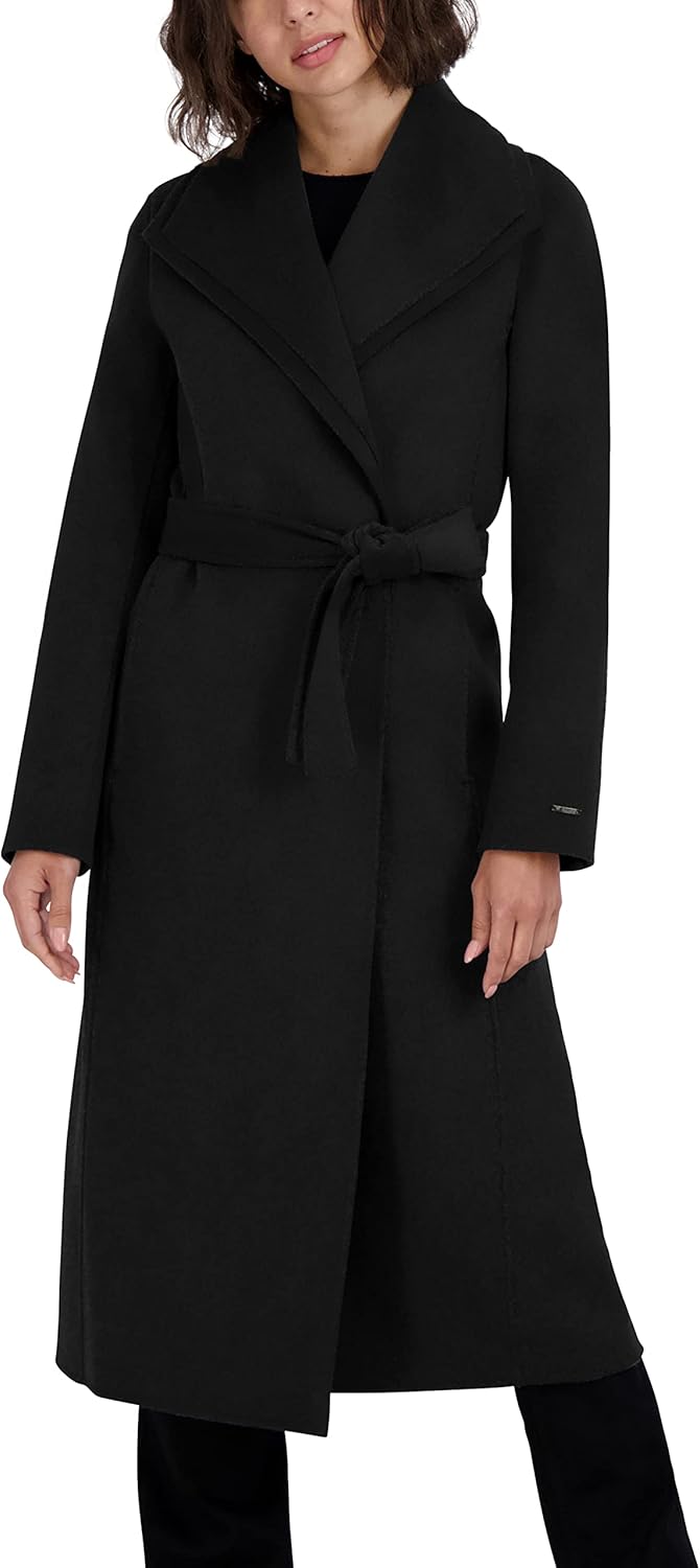 TAHARI Women's Slim Fit Double-faced Soft Wool Blend Wrap Coat With Tie Belt – Long Wool Coat