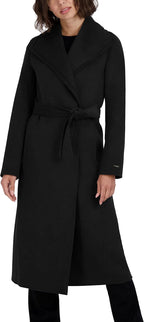 TAHARI Women's Slim Fit Double-faced Soft Wool Blend Wrap Coat With Tie Belt – Long Wool Coat