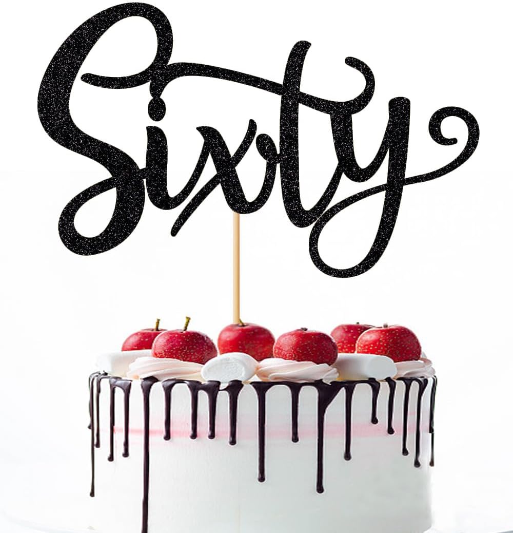 60th Birthday Cake Topper,Black Glitter Sixty Cake Decorations,Happy 60th Birthday Cake Topper,60th Birthday or Anniversary Party Decoration Supplies