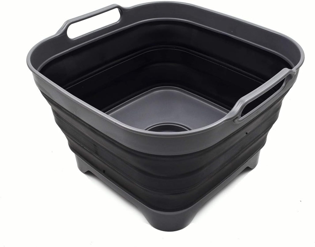 SAMMART 10L (2.64 Gallon) Collapsible Dishpan with Draining Plug - Foldable Washing Basin - Portable Dish Washing Tub - Space Saving Kitchen Storage Tray (1, Grey/Black)