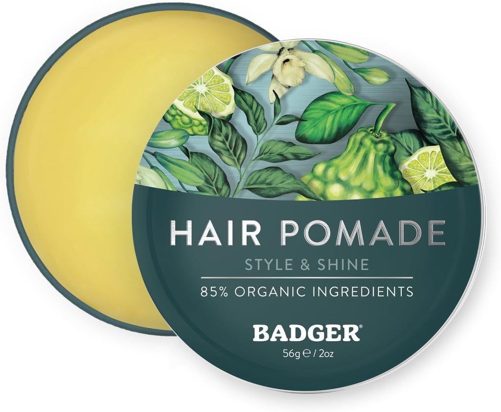 Badger Hair Pomade for Men, Organic, Easy to Use, Subtle Masculine Scent, Medium Hold Hair Pomade with Medium Shine Finish, Nourishes Hair & Scalp 2 oz Tin